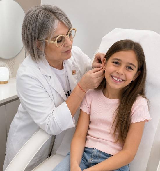 Foratura lobi in farmacia eseguita da farmacista qualificata su una bambina